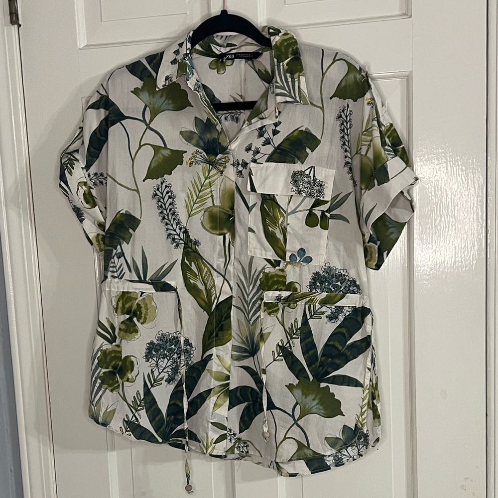 Zara Green Leaf Print Blouse